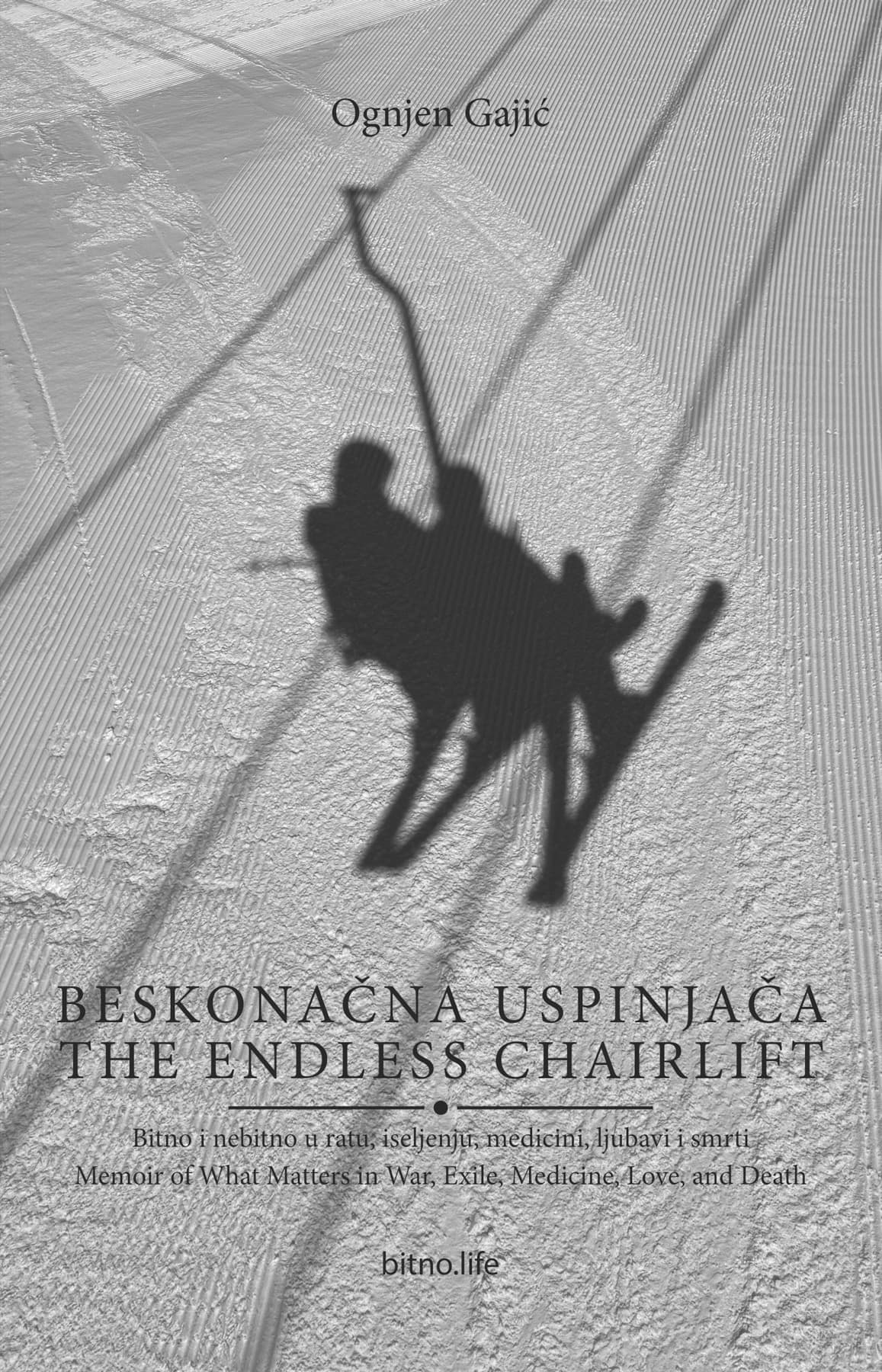 Book cover: the shadow of two people riding a chairlift, cast on groomed snow