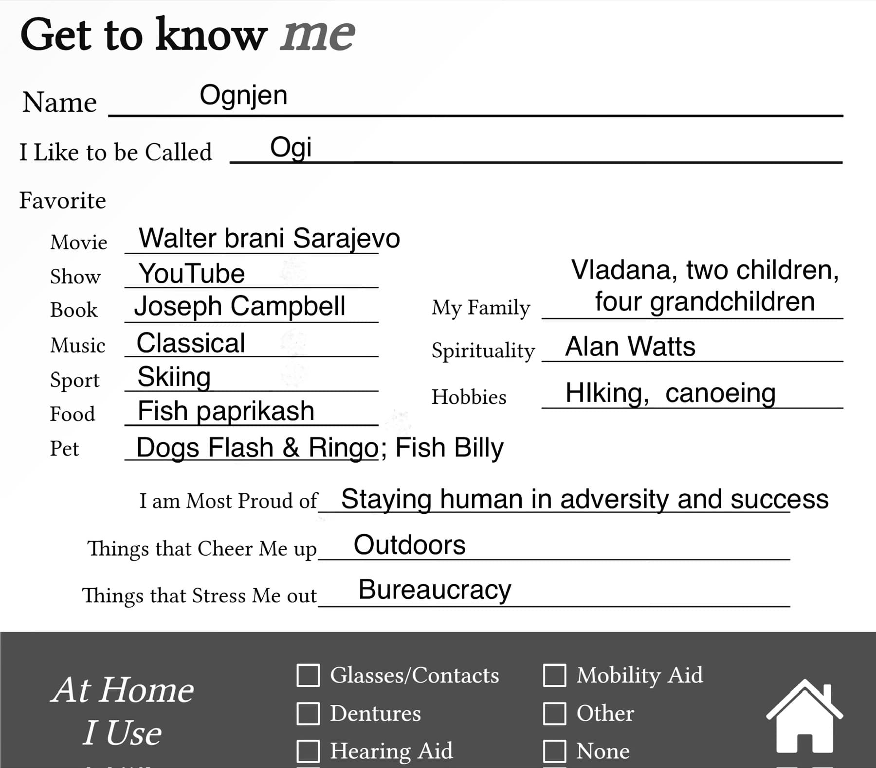 A filled-in Get to Know Me board with Ognjen's favorites, family and hobbies