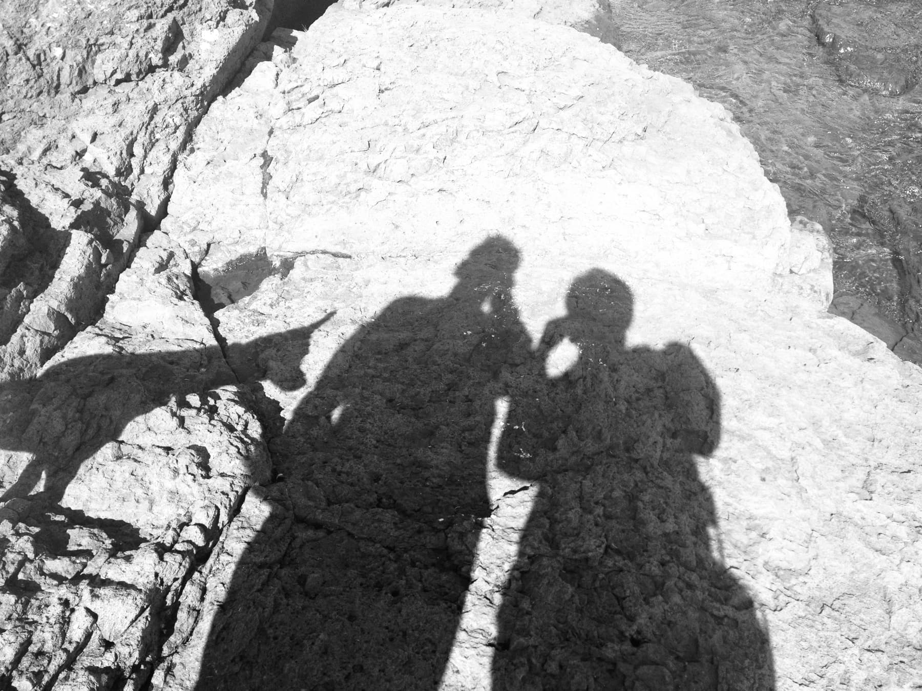 Shadows of two people and a dog cast on sunlit rocks by the water, one holding a phone