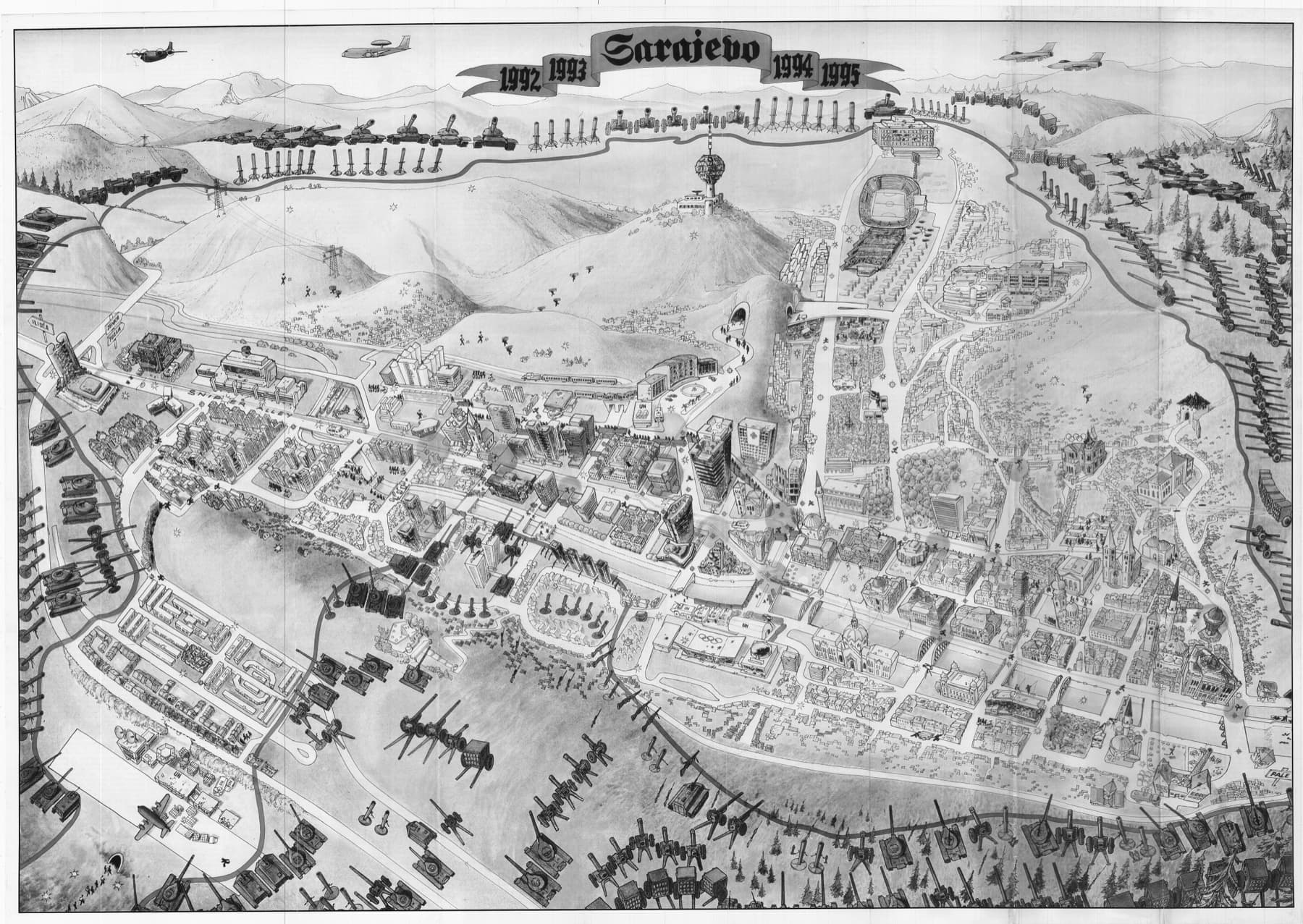 Illustrated map of besieged Sarajevo surrounded by tanks and artillery, 1992–1995